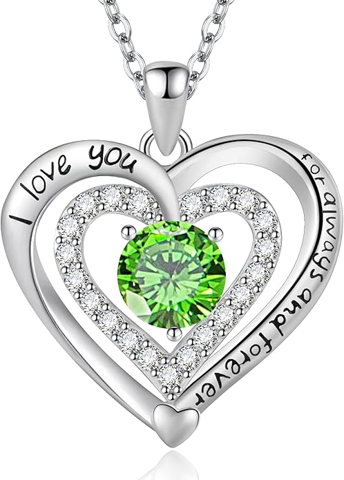 Heart Necklace, I Love You Always & Forever, Birthstone Cubic Zirconia Pendant, Gift for Women