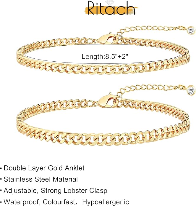 Ritach Ankle Bracelets for Women - Stainless Steel Silver/Gold Anklets for Women Waterproof Layered Cuban Link Figaro Chain Heart Anklets Set Summer Beach Jewelry Gifts
