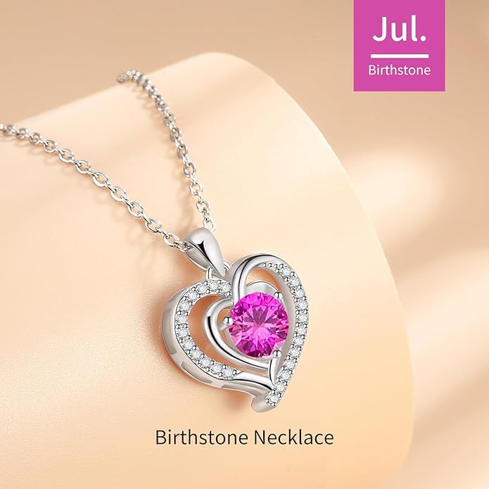 Heart Necklace, I Love You Always & Forever, Birthstone Cubic Zirconia Pendant, Gift for Women