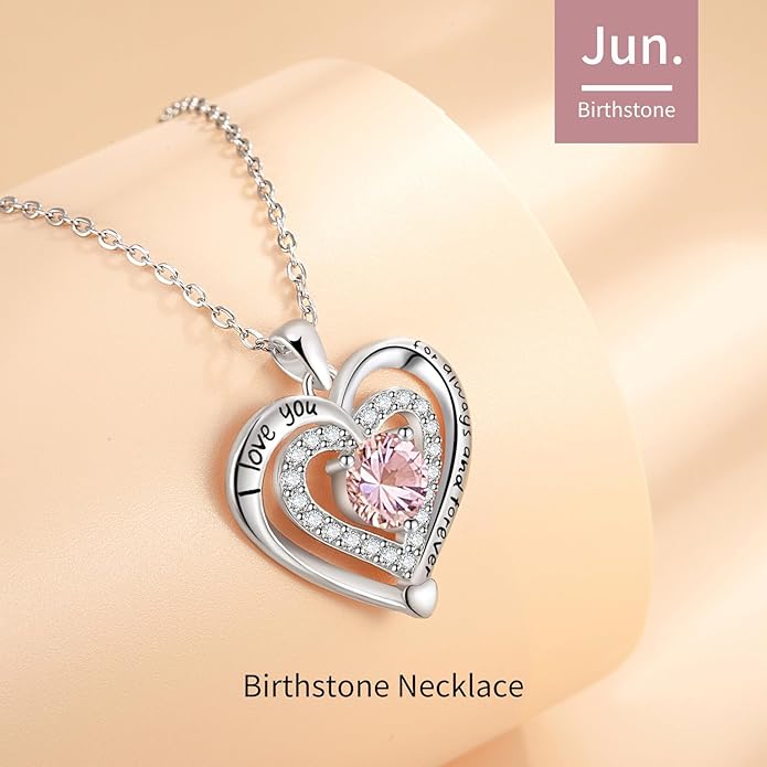 Heart Necklace, I Love You Always & Forever, Birthstone Cubic Zirconia Pendant, Gift for Women