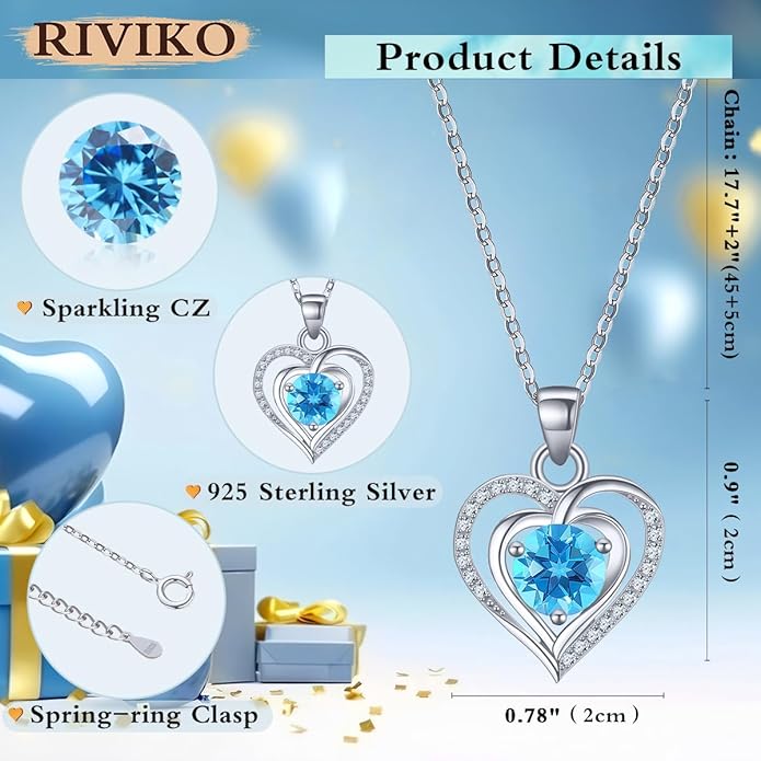 RIVIKO Heart Birthstone Pendant Necklace for Women 925 Sterling Silver Zirconia Necklaces Wedding Anniversary Birthday Mothers Day Jewelry Gifts For Her Mother Wife