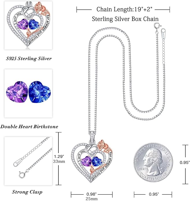 Iefil Rose Heart Necklace Gifts for Wife Women - 925 Sterling Silver Double Birthstone Necklace, Anniversary Birthday Gifts for Women, Jewelry Gift for Wife Girlfriend Mom Her