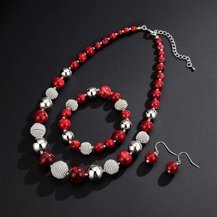 PEARL&CLUB Beaded Chunky Statement Necklace Earring and Bracelet Set Silver Metal Bead Fashion Jewelry Set Mothers’ Day Gifts for Women