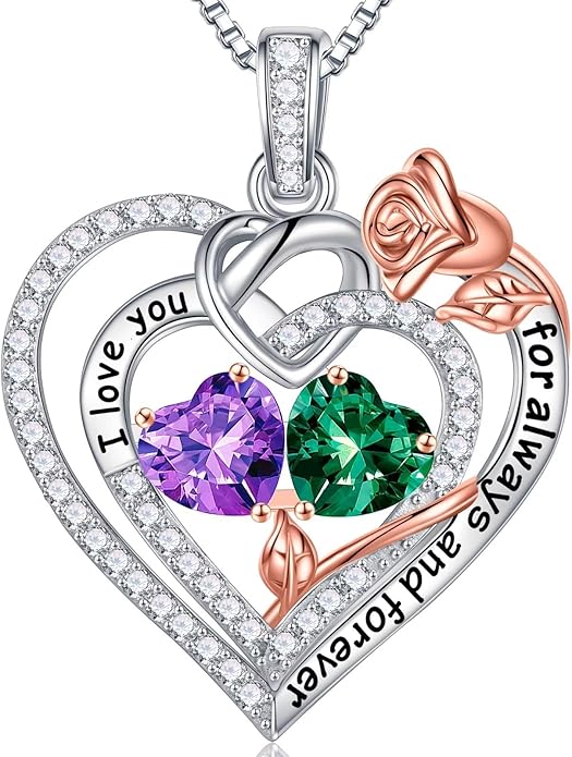 Iefil Rose Heart Necklace Gifts for Wife Women - 925 Sterling Silver Double Birthstone Necklace, Anniversary Birthday Gifts for Women, Jewelry Gift for Wife Girlfriend Mom Her