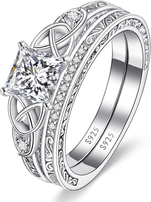 Vintage Celtic Knot Women's Engagement Ring Sets 925 Sterling Silver/14K Gold Plated Stackable Wedding Bands Rings AAAAA Cubic Zirconia Women Bridal Sets Wedding Ring Band Width 1.8mm Size 5-9