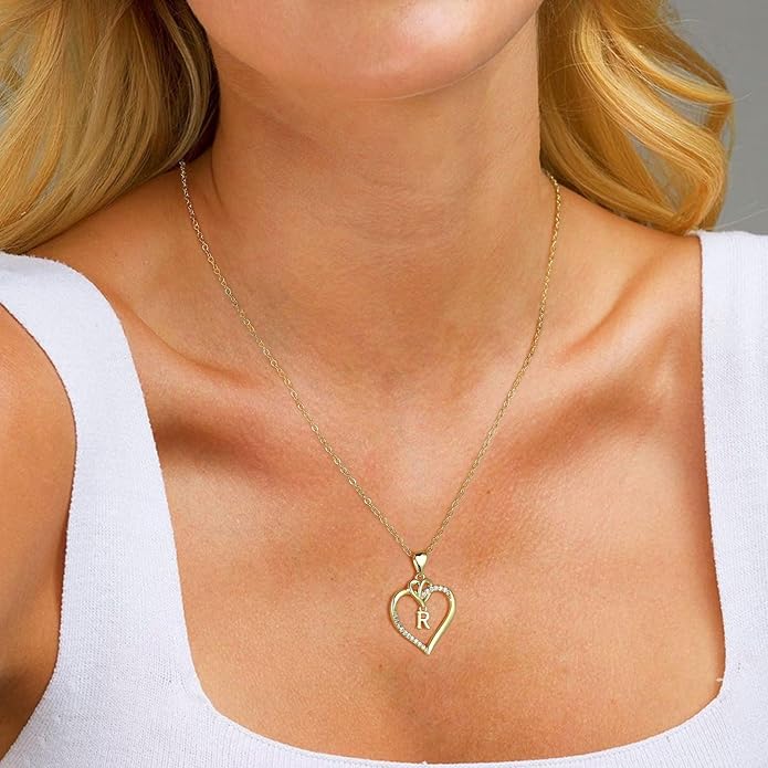 STORUP Heart Initial Necklaces for Women Girls, 14K Gold Plated Cubic Zirconia Heart Initial A-Z Pendant Necklace Dainty Heart Necklaces for Women Teen Girl Jewelry Birthday Gifts