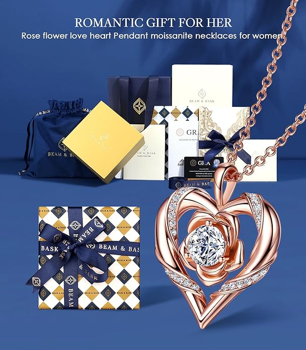 Beam & Bask Rose Flower Heart Moissanite Necklaces for Wife, S925 Silver Pendant for Women, 18K Gold Plated Jewelry for Her Girlfriend Mom for Anniversary Birthday
