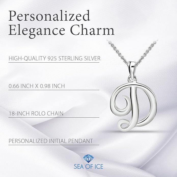 SEA OF ICE Letter Initial Necklace, Alphabet Letter Pendant Necklace, Sterling Silver, Gold, Rose Gold Necklace for Women, Elegant Initial Necklaces, Personalized Custom Women's Necklaces