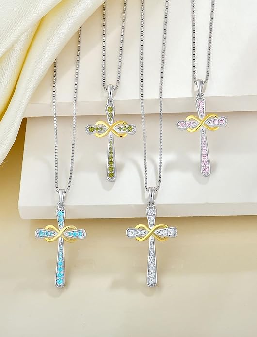 YL 925 Sterling Silver Cross Necklace for Women Halo Infinity Pendant Birthstone Jewelry for Mom