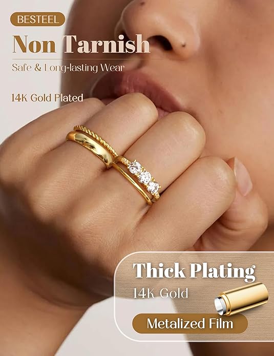 Besteel Gold Rings for Women - Non Tarnish 14K Gold Plated Stackable Rings, Dainty Cubic Zirconia Thin Thumb Ring Set, Trendy Statement Promise Wedding Bands Engagement Rings for Women Size 6-10