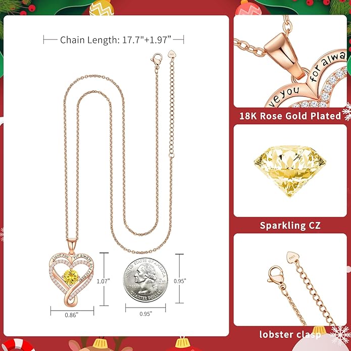 Infinity Heart Birthstone Necklace for Women Wife 18K Rose Gold Plated,Anniversary for Women Wife Her Birthday Gift for Girlfriend Mom Daughters, I Love You Women's Jewelry