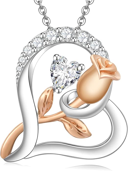 Rose Flower Heart Birthstone Necklaces for Women, 925 Sterling Silver Anniversary Jewelry, Pendant Heart Necklaces Birthday Anniversary Christmas Gift for Women Wife Mom Girlfriend Lady