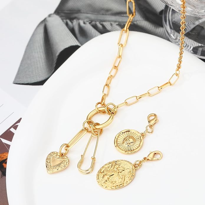 Charm Necklace for Women Gold Evil Eye Sun Moon Flower Coin Pendant Necklace Dainty Paperclip Chain Vintage Luck Amulet Choker Necklaces Celestial Jewelry Gift