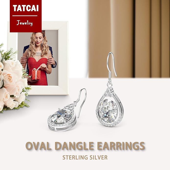 18K White Gold Plated Sterling Silver Oval Cut Cubic Zirconia Drop Dangle Earrings for Women Hypoallergenic Statement Earrings Gifts for Women Mom