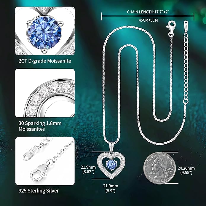 Full Moissanite Heart Necklace - No CZ! 2ct Vibrant Birthstone & 30 White Gems | 12 Month Gifts for Wife, Mom, Her | Anniversary, Valentine's Day, Mother's Day Jewelry