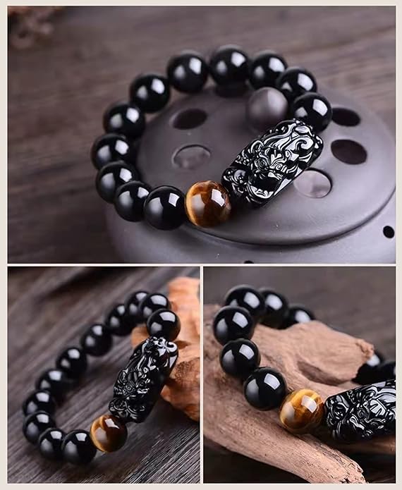 Black Obsidian Bracelet,Feng Shui Black Obsidian Wealth Bracelet for Women Men Stretch Obsidian Bracelet Bangle with Pixiu Tiger Eye Stone Attract Wealth Money and Good Luck