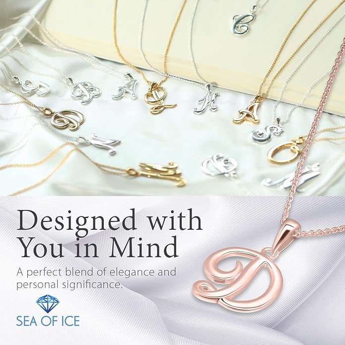 SEA OF ICE Letter Initial Necklace, Alphabet Letter Pendant Necklace, Sterling Silver, Gold, Rose Gold Necklace for Women, Elegant Initial Necklaces, Personalized Custom Women's Necklaces