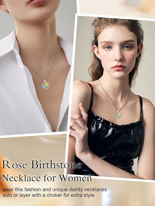 Jewelry for Her Double Heart Rose Birthstone Pendant Necklace Anniversary Jewelry Christmas Birthday Gifts for Women Wife Girlfriend