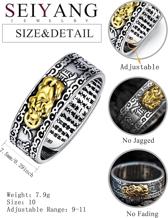 Seiyang Feng Shui Ring 925 Stering Silver Pixiu Mantra Ring Protection Wealth Adjustable Rings Gift for Men Women (with Gift Box)