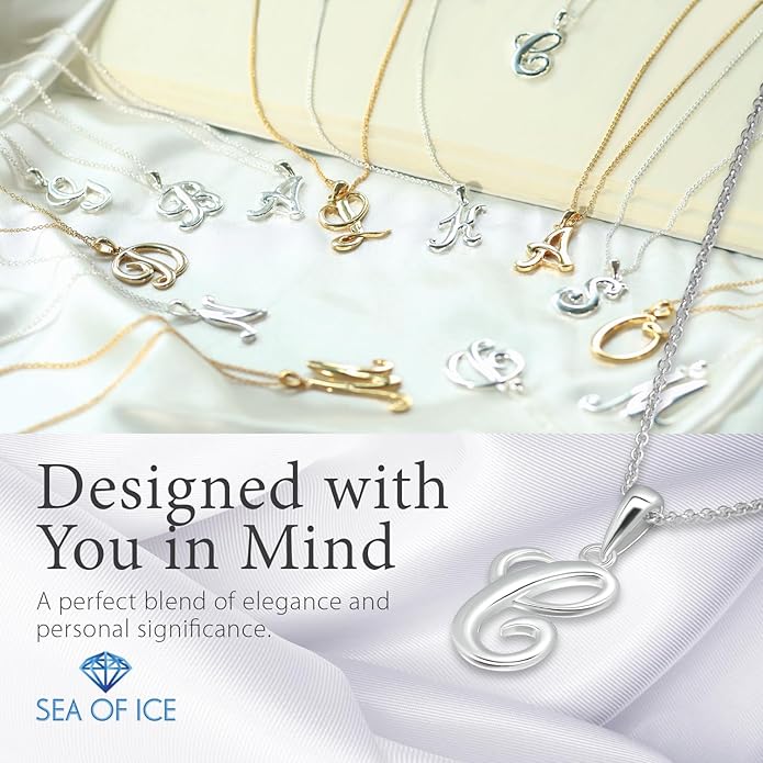 SEA OF ICE Letter Initial Necklace, Alphabet Letter Pendant Necklace, Sterling Silver, Gold, Rose Gold Necklace for Women, Elegant Initial Necklaces, Personalized Custom Women's Necklaces
