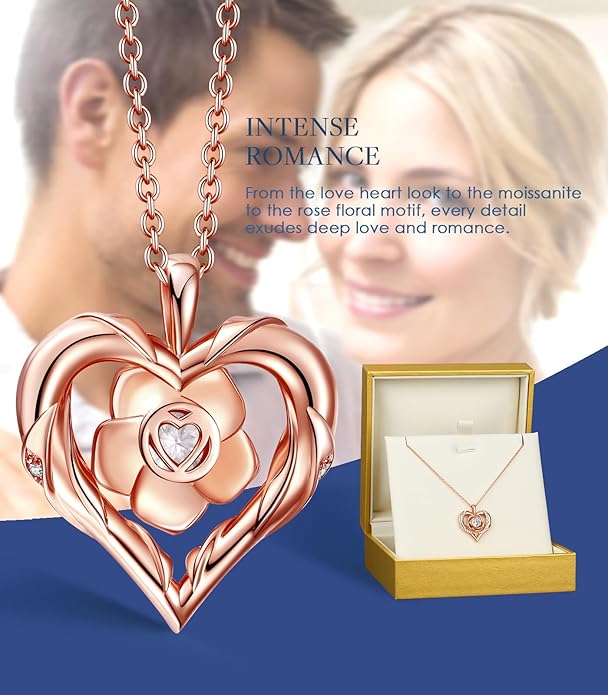 Beam & Bask Rose Flower Heart Moissanite Necklaces for Wife, S925 Silver Pendant for Women, 18K Gold Plated Jewelry for Her Girlfriend Mom for Anniversary Birthday