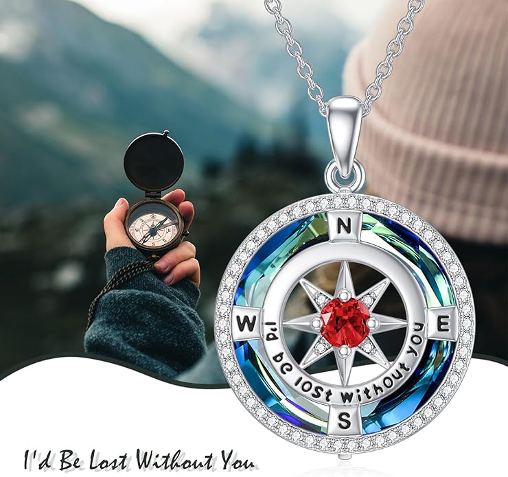 TOUPOP Compass Necklace for Women 925 Sterling Silver I'd be Lost without You Compass Pendant Birthstone Necklaces Anniversary Jewelry Birthday Gift for Girlfriend Wife Graduation Gifts for Her Daugthter