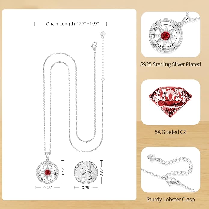 Peeshow Gifts for Women Wife-Compass Birthstone Necklace Gift for Wife Birthday Wedding Anniversary Women Jewelry for Her Girlfriend S925 Sterling Silver