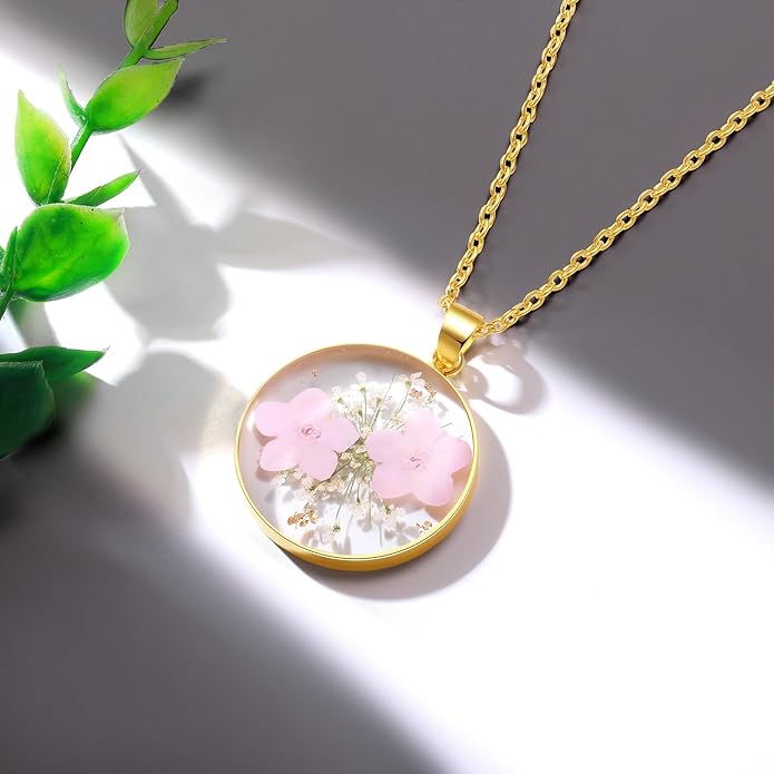 Forget-Me-Not and Queen Anne's Lace Pressed Wildflower Necklace | Birth Month Real Flower Necklace | Gold/Silver Pressed Flower Jewelry | Personalized Handmade Jewelry
