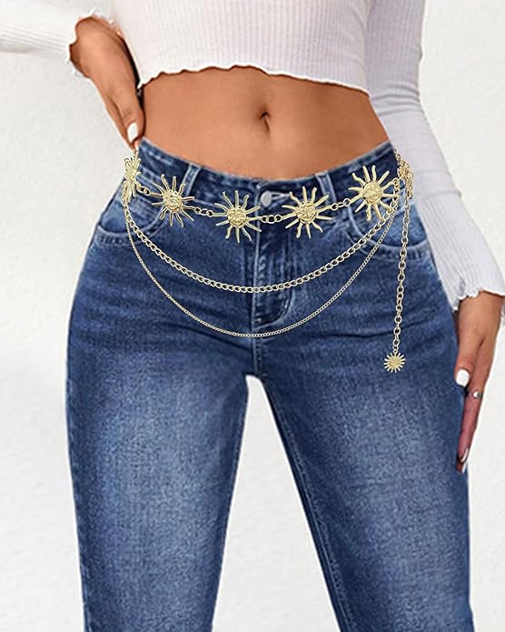 Tornito Metal Waist Chain Gold Chain Belt Chunky Belly Link Chain Moon Double O Ring Sunflower Body Chain Jewelry for Women Dresses Adjustable