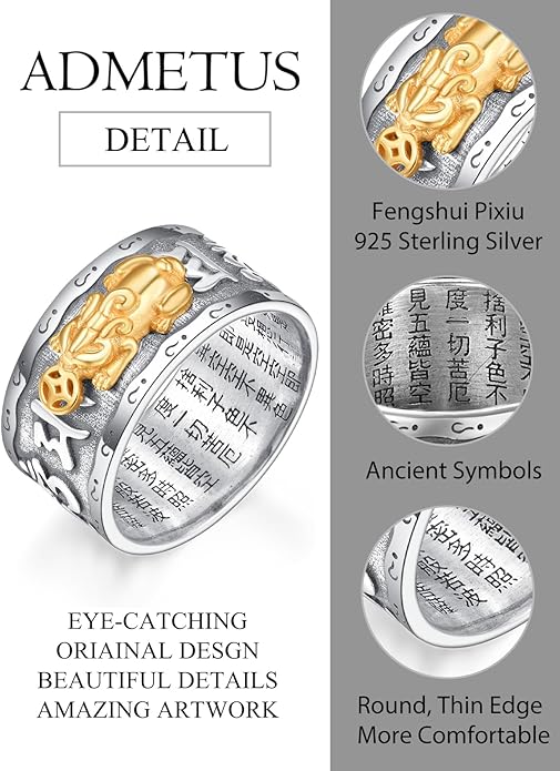 ADMETUS 925 Sterling Silver Feng Shui Rings Lucky Pixiu Band Rings for Men Fengshui Ring Jewelry Gifts for Men Rings Size 7-13