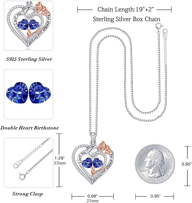 Iefil Rose Heart Necklace Gifts for Wife Women - 925 Sterling Silver Double Birthstone Necklace, Anniversary Birthday Gifts for Women, Jewelry Gift for Wife Girlfriend Mom Her