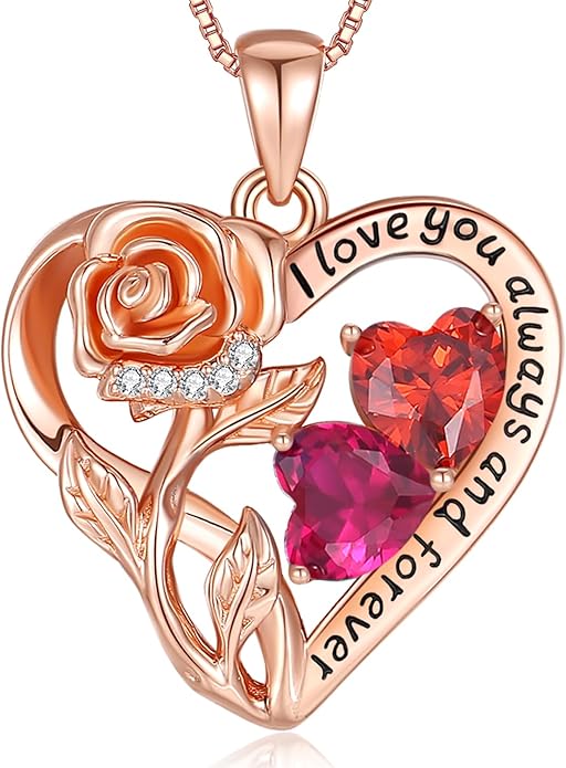 925 Sterling Silver Double Birthstone Rose Flower Heart Jewelry Necklaces for Women Anniversary Love Forever Necklaces for Her Birthday Gifts for Wife Girlfriend Mom Mothers Day Rose Gold