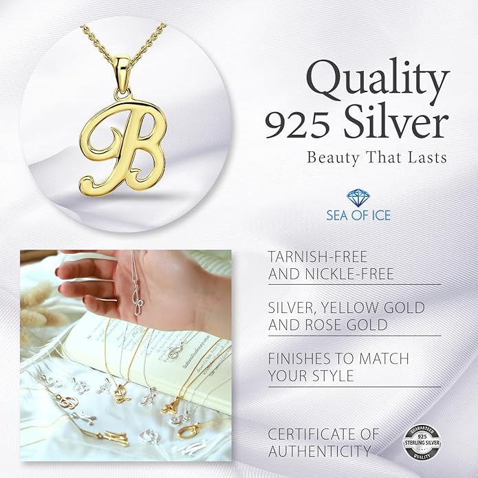SEA OF ICE Letter Initial Necklace, Alphabet Letter Pendant Necklace, Sterling Silver, Gold, Rose Gold Necklace for Women, Elegant Initial Necklaces, Personalized Custom Women's Necklaces