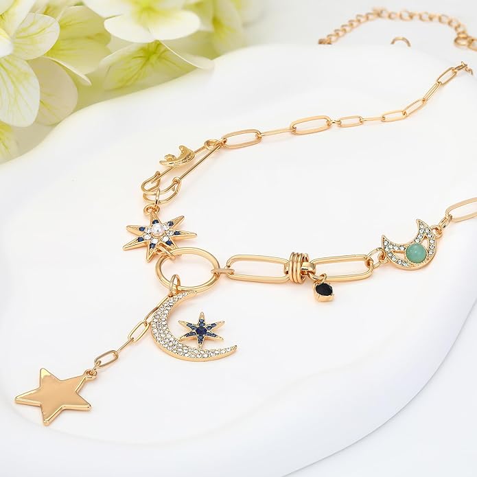 Charm Necklace for Women Gold Evil Eye Sun Moon Flower Coin Pendant Necklace Dainty Paperclip Chain Vintage Luck Amulet Choker Necklaces Celestial Jewelry Gift