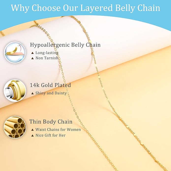 CHESKY Gold Waist Chain for Women, 14K Gold Plated Silver Layered Belly Belt Chains Sexy Bikini Beach Waist Beads Chain Waterproof Snake Pearl Cuban Body Chain Summer Jewelry Accessories for Women
