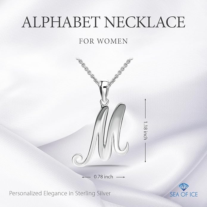 SEA OF ICE Letter Initial Necklace, Alphabet Letter Pendant Necklace, Sterling Silver, Gold, Rose Gold Necklace for Women, Elegant Initial Necklaces, Personalized Custom Women's Necklaces