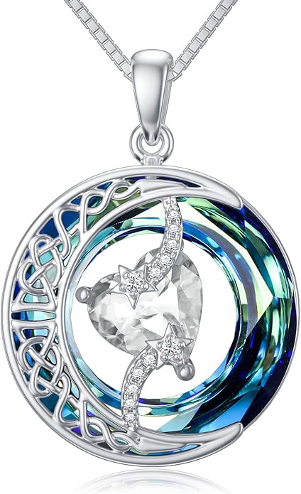 TOUPOP Birthstone Necklace 925 Sterling Silver Moon and Star Pendant with Blue Crystal Celtic Moon Jewelry Birthday Christmas Gifts for Women Mom Wife Her Daughter