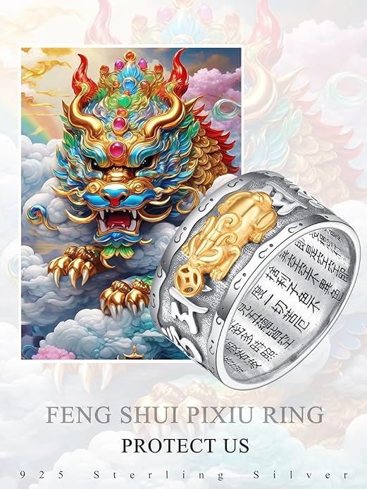 ADMETUS 925 Sterling Silver Feng Shui Rings Lucky Pixiu Band Rings for Men Fengshui Ring Jewelry Gifts for Men Rings Size 7-13