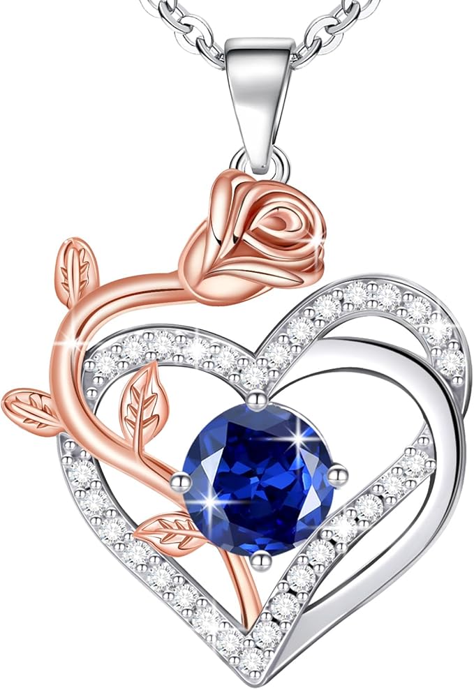 moshen Rose Heart Necklace for Women, 925 Sterling Silver Birthstone Pendant - Gift for Her Women (09-September-Sapphire Royal Blue)