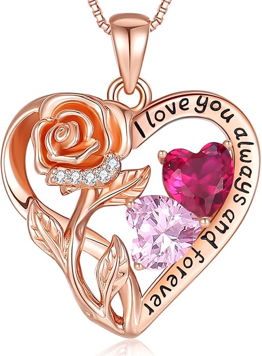 925 Sterling Silver Double Birthstone Rose Flower Heart Jewelry Necklaces for Women Anniversary Love Forever Necklaces for Her Birthday Gifts for Wife Girlfriend Mom Mothers Day Rose Gold