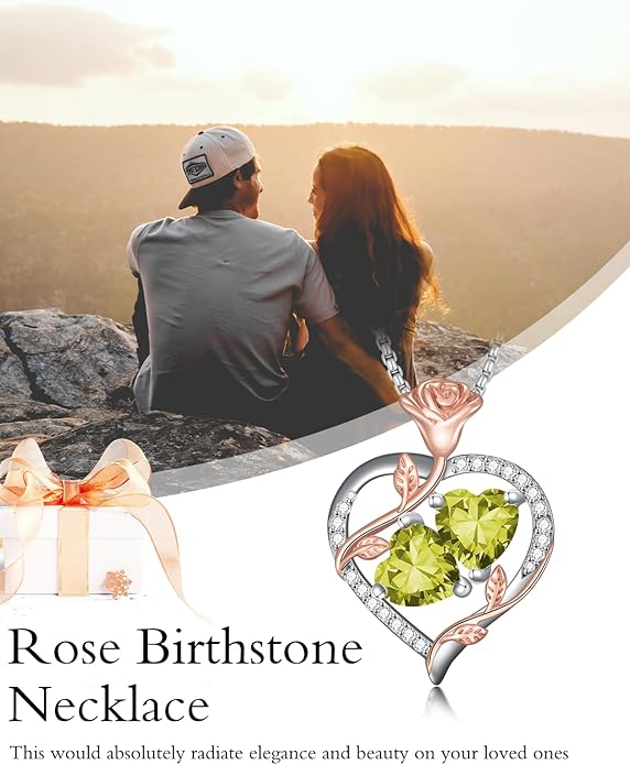 Jewelry for Her Double Heart Rose Birthstone Pendant Necklace Anniversary Jewelry Christmas Birthday Gifts for Women Wife Girlfriend