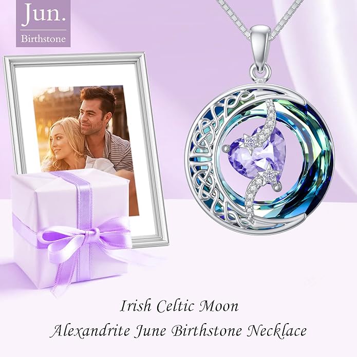 TOUPOP Birthstone Necklace 925 Sterling Silver Moon and Star Pendant with Blue Crystal Celtic Moon Jewelry Birthday Christmas Gifts for Women Mom Wife Her Daughter