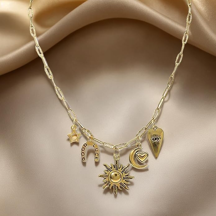 Chunky Retro Heart Necklace for Women Antique Layer Beach Ocean Moon Stars Western Boho Charm Necklaces Retro Link Chain Jewelry