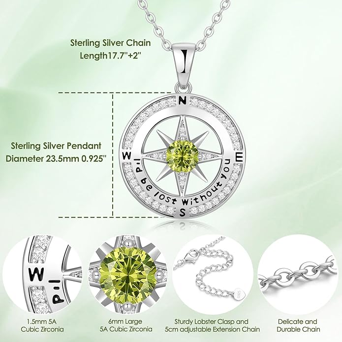 Compass Necklace Gifts for Women wife - S925 Sterling Silver Birthstone Necklaces for Women - Anniversary Birthday Gifts for Her Wife Girlfriend - Valentines Mom Mothers Day Christmas Gifts Jewelry for Women