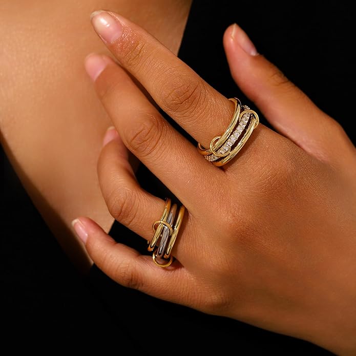 14K Gold Plated Interlocked Stackable Rings for Women Non Tarnish,Gold and Silver Cubic Zirconia Statement Rings Set,Mixed Metals Ring Two-Toned Connected Bands Stacking Jewelry