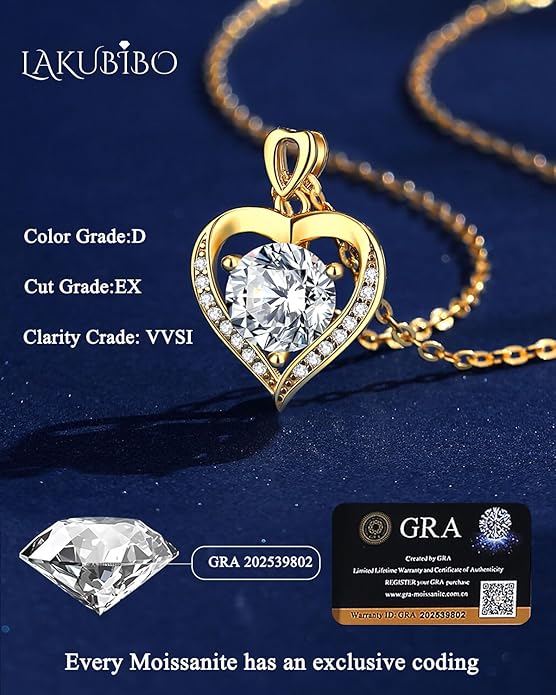 Moissanite Heart Pendant Necklace for Women,1-2 Carat Necklace Engraved with 'I LOVE YOU,18K Gold Plated Sterling Silver Pendant Jewelry Anniversary Birthday Gifts for Girlfriend Wife Mom