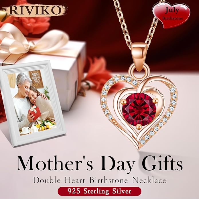 RIVIKO Heart Birthstone Pendant Necklace for Women 925 Sterling Silver Zirconia Necklaces Wedding Anniversary Birthday Mothers Day Jewelry Gifts For Her Mother Wife