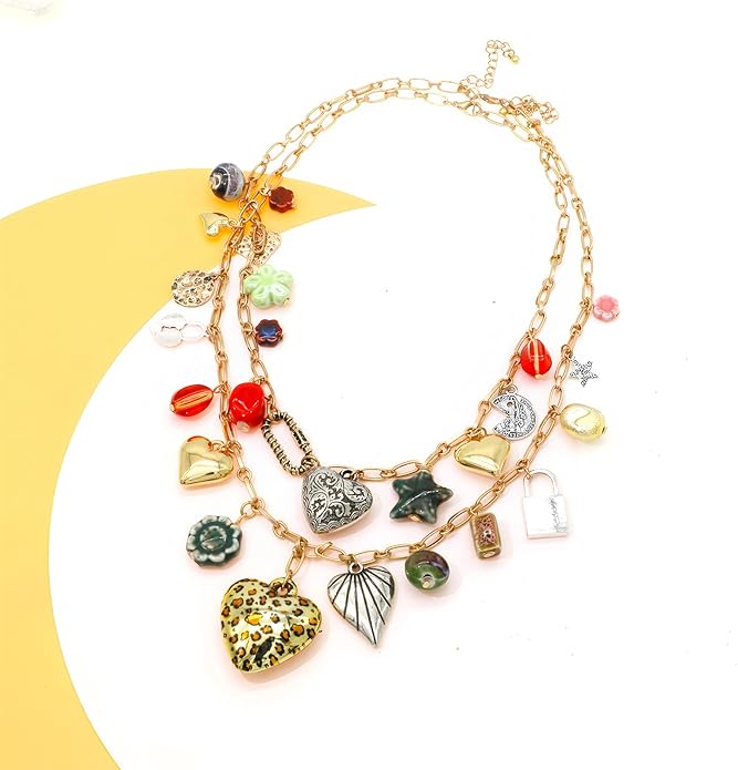 Chunky Retro Heart Necklace for Women Antique Layer Beach Ocean Moon Stars Western Boho Charm Necklaces Retro Link Chain Jewelry