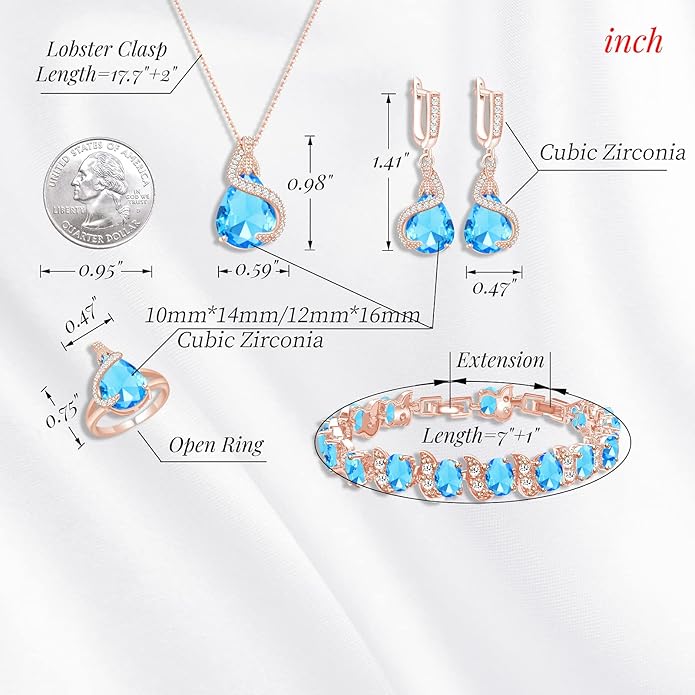 GZWHD Jewelry Set for Women Water Drop Cubic Zirconia Artificial Crystal Earrings Pendant Necklace Open Ring Tennis Bracelet Wedding Anniversary Birthday Engagement Gift for Bridesmaid Wife Girlfriend Friend