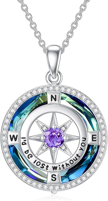 TOUPOP Compass Necklace for Women 925 Sterling Silver I'd be Lost without You Compass Pendant Birthstone Necklaces Anniversary Jewelry Birthday Gift for Girlfriend Wife Graduation Gifts for Her Daugthter